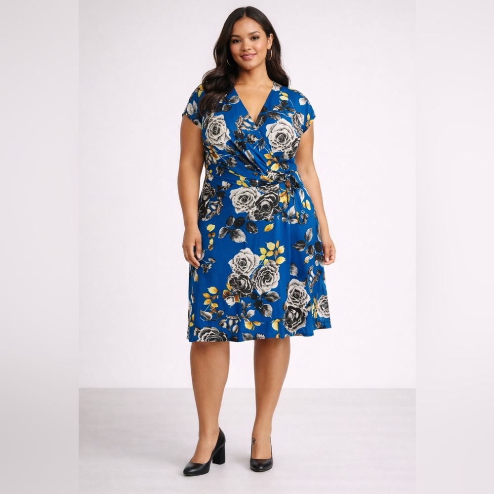 Rachel Roy Dress Blue Yellow 18W 18 W Floral Flowing Career Church Summer Silky
